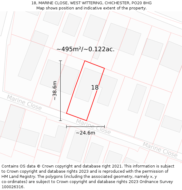 18, MARINE CLOSE, WEST WITTERING, CHICHESTER, PO20 8HG: Plot and title map