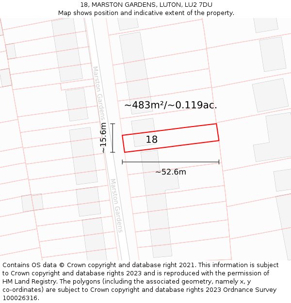 18, MARSTON GARDENS, LUTON, LU2 7DU: Plot and title map