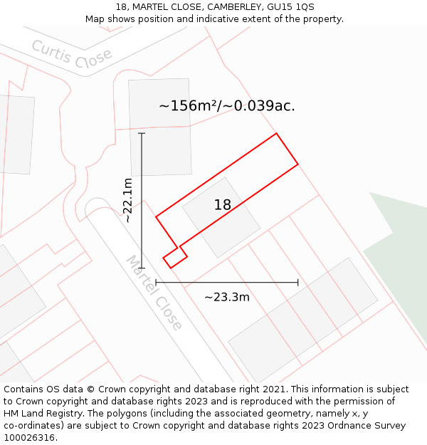 18, MARTEL CLOSE, CAMBERLEY, GU15 1QS: Plot and title map