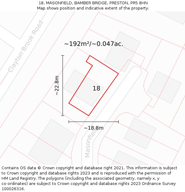 18, MASONFIELD, BAMBER BRIDGE, PRESTON, PR5 8HN: Plot and title map