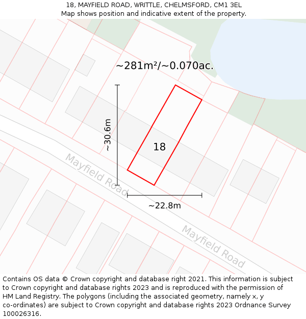 18, MAYFIELD ROAD, WRITTLE, CHELMSFORD, CM1 3EL: Plot and title map