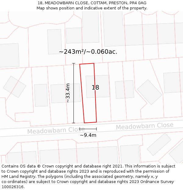 18, MEADOWBARN CLOSE, COTTAM, PRESTON, PR4 0AG: Plot and title map