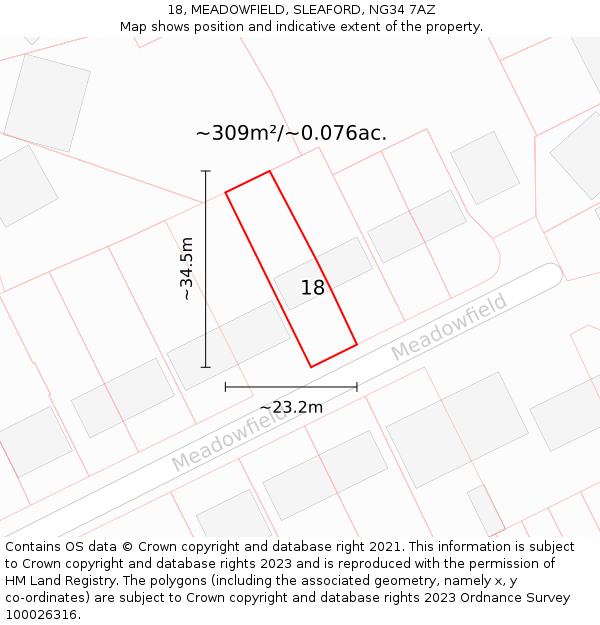 18, MEADOWFIELD, SLEAFORD, NG34 7AZ: Plot and title map