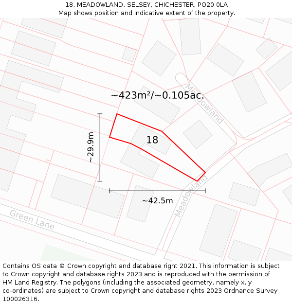 18, MEADOWLAND, SELSEY, CHICHESTER, PO20 0LA: Plot and title map