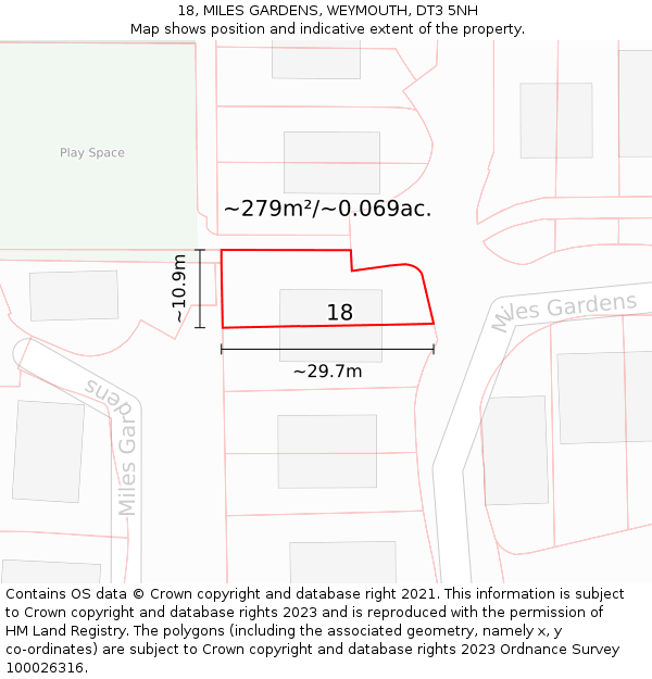 18, MILES GARDENS, WEYMOUTH, DT3 5NH: Plot and title map