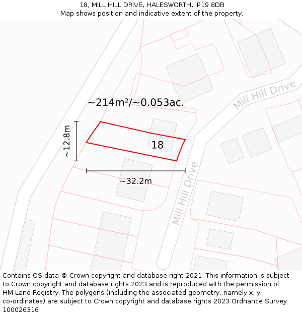 18, MILL HILL DRIVE, HALESWORTH, IP19 8DB: Plot and title map