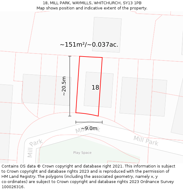 18, MILL PARK, WAYMILLS, WHITCHURCH, SY13 1PB: Plot and title map