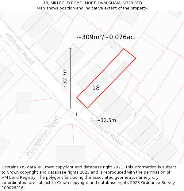 18, MILLFIELD ROAD, NORTH WALSHAM, NR28 0EB: Plot and title map