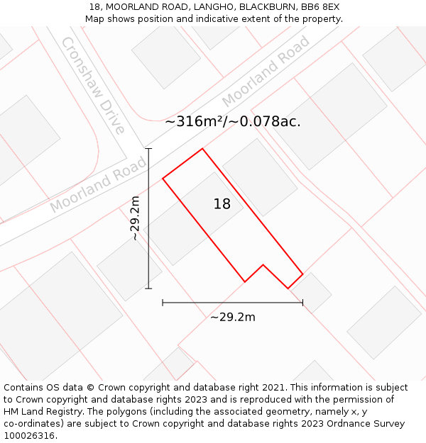 18, MOORLAND ROAD, LANGHO, BLACKBURN, BB6 8EX: Plot and title map