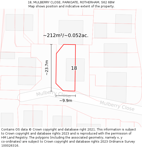 18, MULBERRY CLOSE, PARKGATE, ROTHERHAM, S62 6BW: Plot and title map