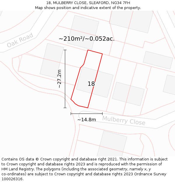 18, MULBERRY CLOSE, SLEAFORD, NG34 7FH: Plot and title map