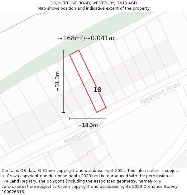 18, NEPTUNE ROAD, WESTBURY, BA13 4GD: Plot and title map