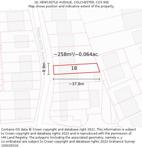 18, NEWCASTLE AVENUE, COLCHESTER, CO3 9XE: Plot and title map