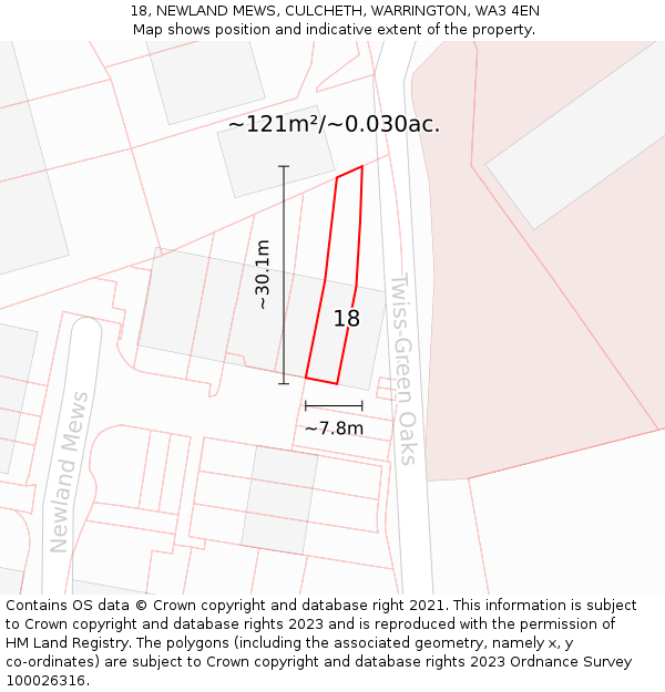 18, NEWLAND MEWS, CULCHETH, WARRINGTON, WA3 4EN: Plot and title map