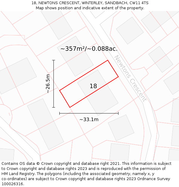 18, NEWTONS CRESCENT, WINTERLEY, SANDBACH, CW11 4TS: Plot and title map