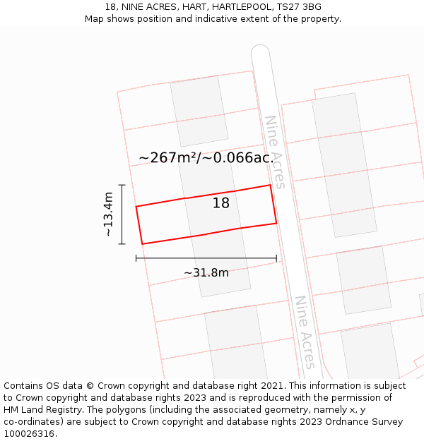 18, NINE ACRES, HART, HARTLEPOOL, TS27 3BG: Plot and title map