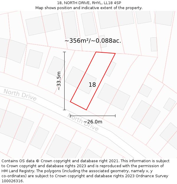 18, NORTH DRIVE, RHYL, LL18 4SP: Plot and title map