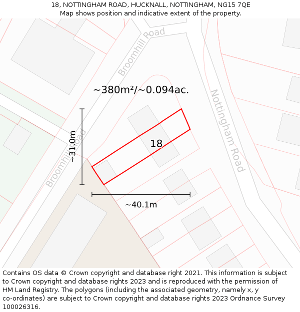 18, NOTTINGHAM ROAD, HUCKNALL, NOTTINGHAM, NG15 7QE: Plot and title map