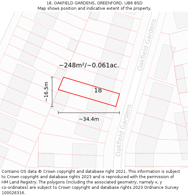 18, OAKFIELD GARDENS, GREENFORD, UB6 8SD: Plot and title map
