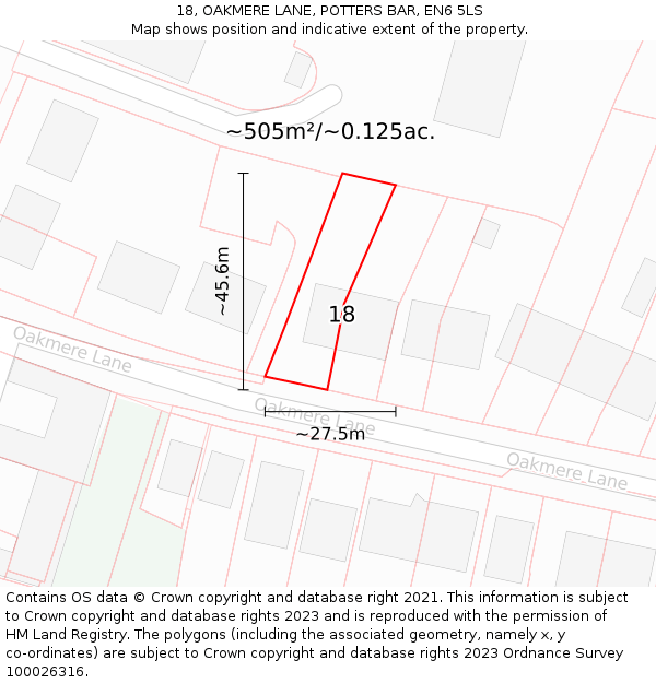 18, OAKMERE LANE, POTTERS BAR, EN6 5LS: Plot and title map