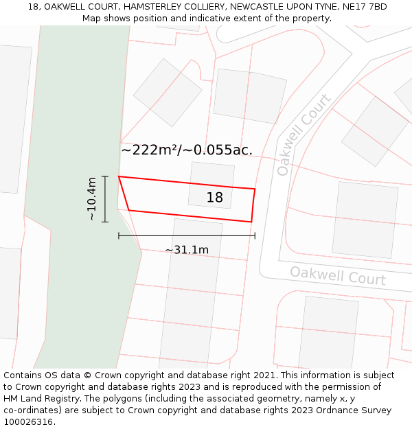 18, OAKWELL COURT, HAMSTERLEY COLLIERY, NEWCASTLE UPON TYNE, NE17 7BD: Plot and title map