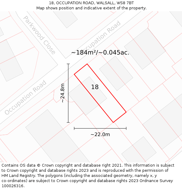 18, OCCUPATION ROAD, WALSALL, WS8 7BT: Plot and title map