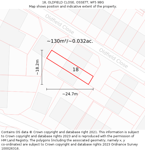 18, OLDFIELD CLOSE, OSSETT, WF5 9BG: Plot and title map