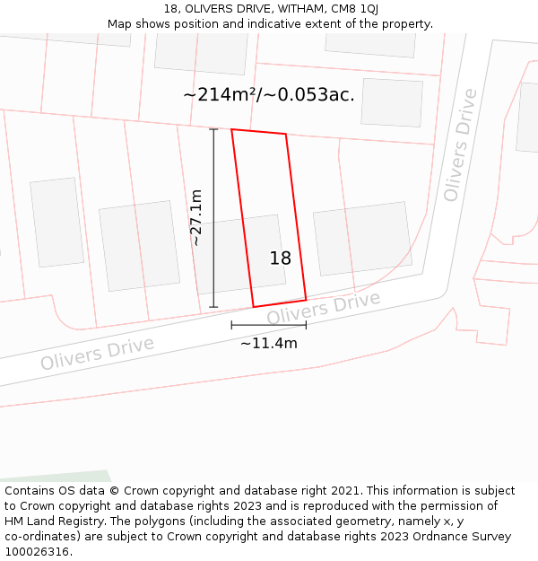 18, OLIVERS DRIVE, WITHAM, CM8 1QJ: Plot and title map