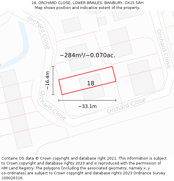 18, ORCHARD CLOSE, LOWER BRAILES, BANBURY, OX15 5AH: Plot and title map