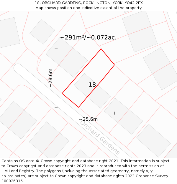 18, ORCHARD GARDENS, POCKLINGTON, YORK, YO42 2EX: Plot and title map