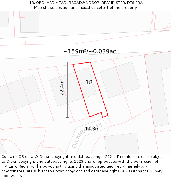 18, ORCHARD MEAD, BROADWINDSOR, BEAMINSTER, DT8 3RA: Plot and title map