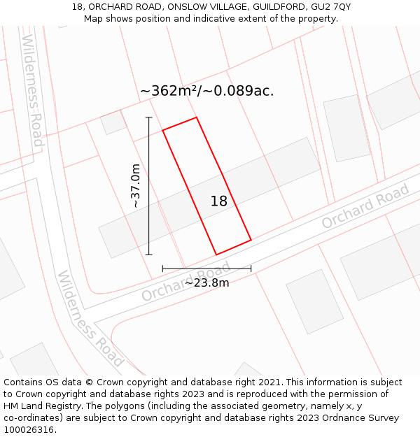 18, ORCHARD ROAD, ONSLOW VILLAGE, GUILDFORD, GU2 7QY: Plot and title map