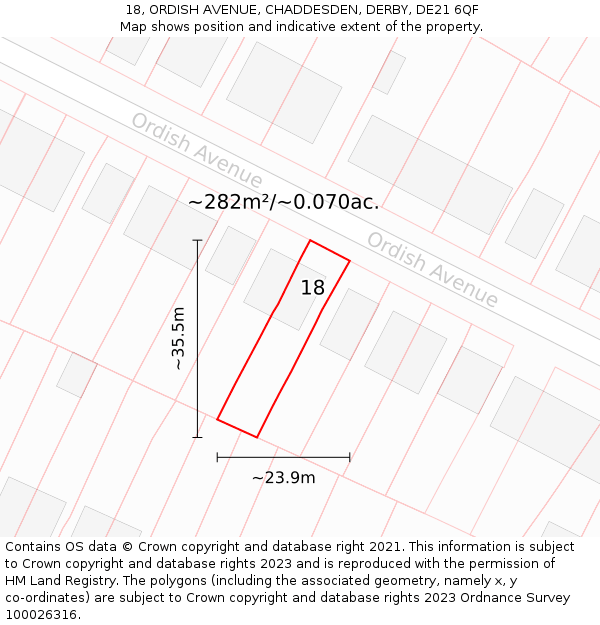 18, ORDISH AVENUE, CHADDESDEN, DERBY, DE21 6QF: Plot and title map