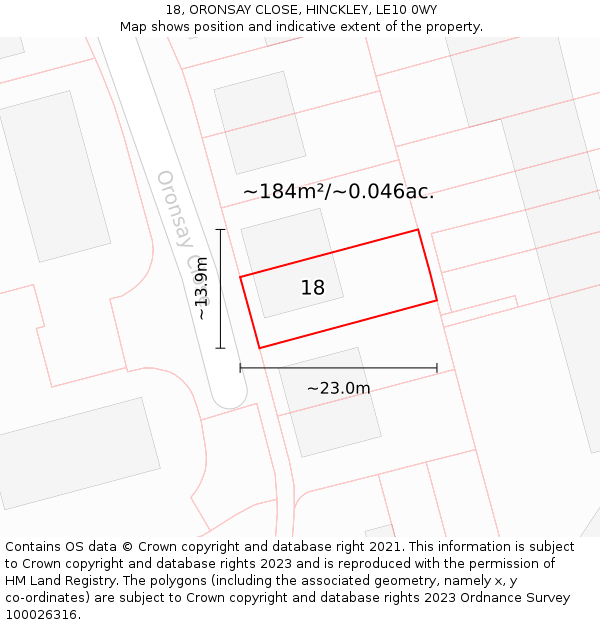 18, ORONSAY CLOSE, HINCKLEY, LE10 0WY: Plot and title map