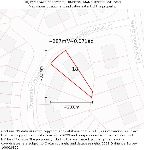 18, OVERDALE CRESCENT, URMSTON, MANCHESTER, M41 5GG: Plot and title map