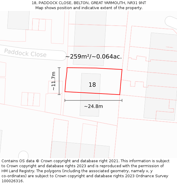 18, PADDOCK CLOSE, BELTON, GREAT YARMOUTH, NR31 9NT: Plot and title map
