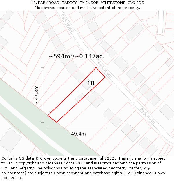 18, PARK ROAD, BADDESLEY ENSOR, ATHERSTONE, CV9 2DS: Plot and title map