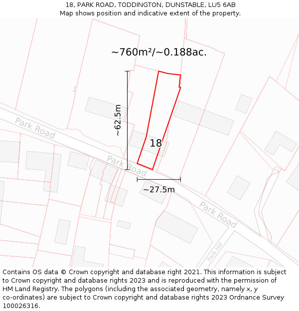 18, PARK ROAD, TODDINGTON, DUNSTABLE, LU5 6AB: Plot and title map