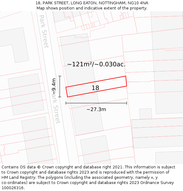 18, PARK STREET, LONG EATON, NOTTINGHAM, NG10 4NA: Plot and title map