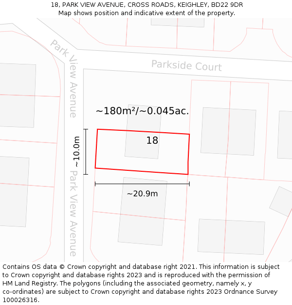 18, PARK VIEW AVENUE, CROSS ROADS, KEIGHLEY, BD22 9DR: Plot and title map