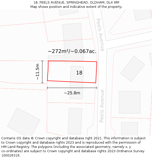 18, PEELS AVENUE, SPRINGHEAD, OLDHAM, OL4 4RF: Plot and title map