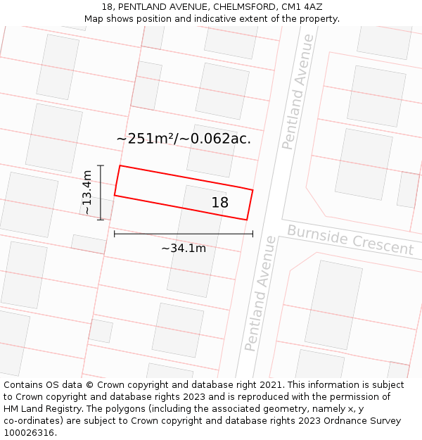 18, PENTLAND AVENUE, CHELMSFORD, CM1 4AZ: Plot and title map