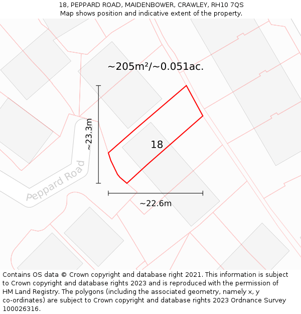 18, PEPPARD ROAD, MAIDENBOWER, CRAWLEY, RH10 7QS: Plot and title map