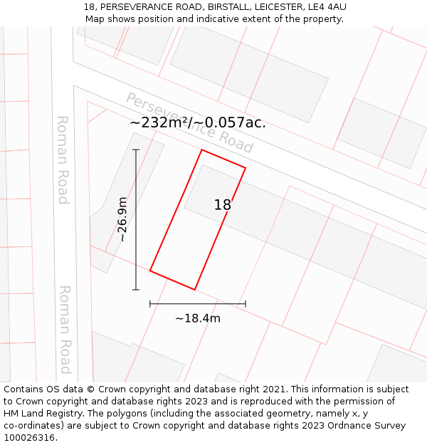 18, PERSEVERANCE ROAD, BIRSTALL, LEICESTER, LE4 4AU: Plot and title map