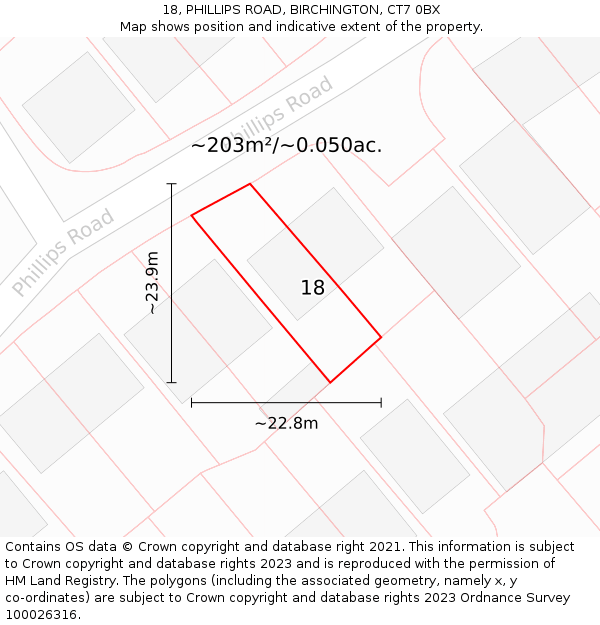 18, PHILLIPS ROAD, BIRCHINGTON, CT7 0BX: Plot and title map