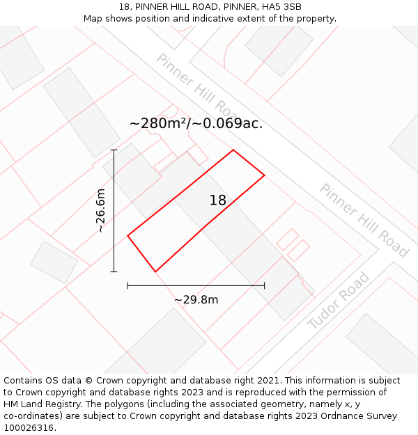 18, PINNER HILL ROAD, PINNER, HA5 3SB: Plot and title map