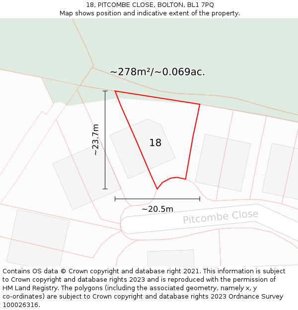 18, PITCOMBE CLOSE, BOLTON, BL1 7PQ: Plot and title map