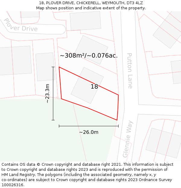 18, PLOVER DRIVE, CHICKERELL, WEYMOUTH, DT3 4LZ: Plot and title map