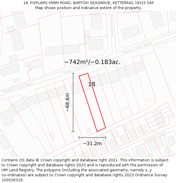 18, POPLARS FARM ROAD, BARTON SEAGRAVE, KETTERING, NN15 5AF: Plot and title map