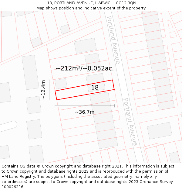 18, PORTLAND AVENUE, HARWICH, CO12 3QN: Plot and title map